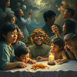 An artistic representation of existential themes, depicting various individuals in contrasting emotional states