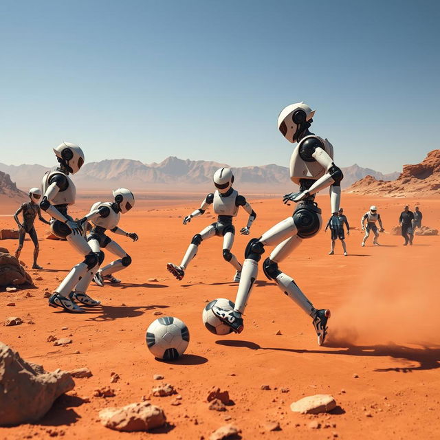 A dynamic and vibrant scene depicting robots playing soccer on the surface of Mars