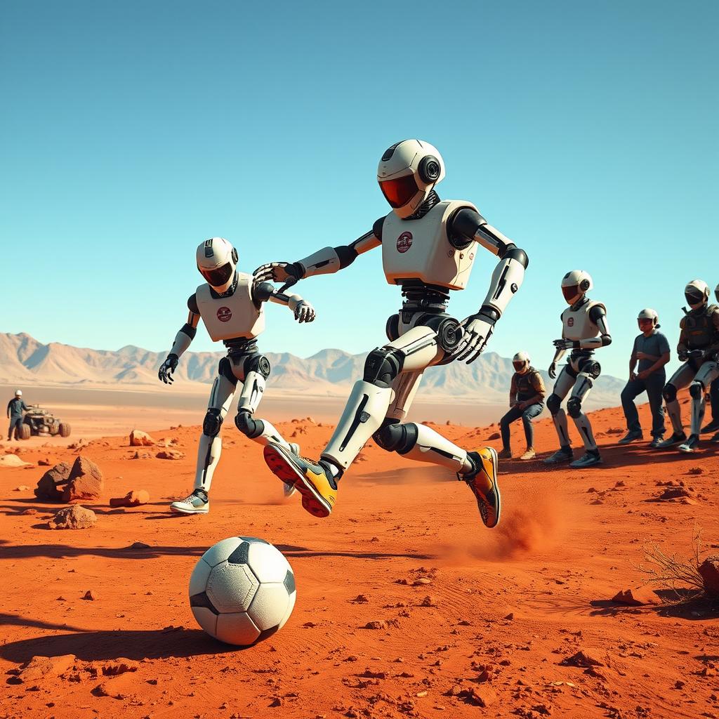 A dynamic and vibrant scene depicting robots playing soccer on the surface of Mars