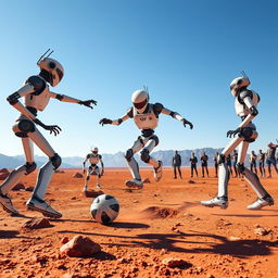 A dynamic and vibrant scene depicting robots playing soccer on the surface of Mars