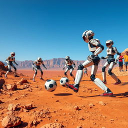 A dynamic and vibrant scene depicting robots playing soccer on the surface of Mars