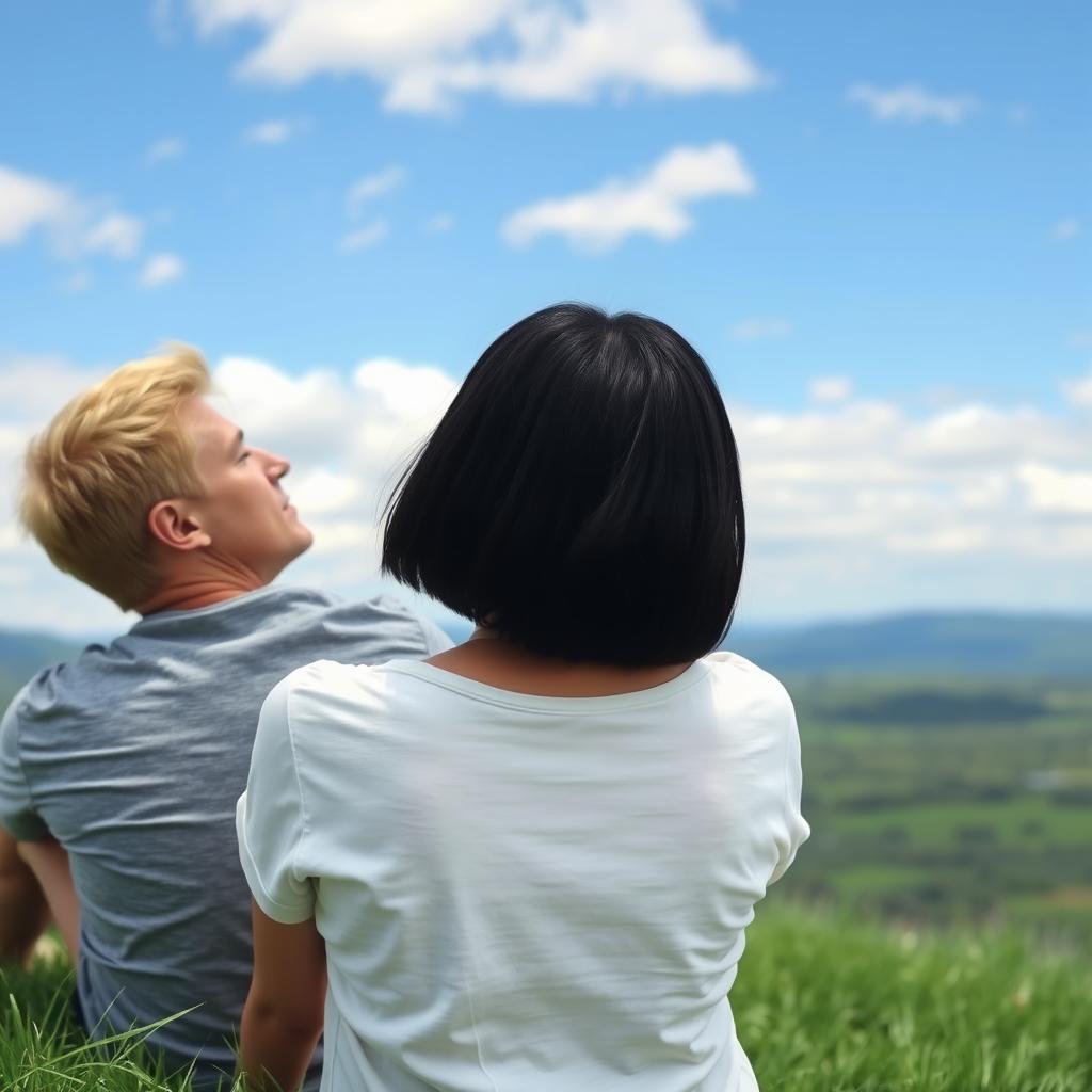 A woman with black bobbed hair seen from behind, gazing up at the sky, accompanied by a blond man who looks at both her and the sky, while his arm is casually wrapped around her back