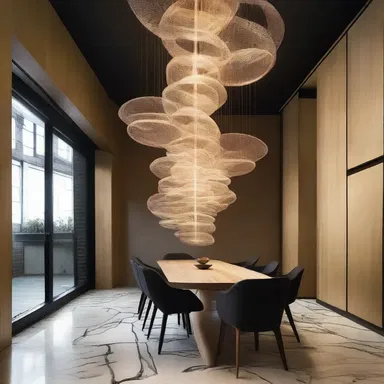 The designer created a unique lighting fixture inspired by the concept of abacinating, to create a dramatic effect in the space.