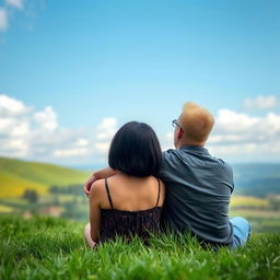 A woman with black bobbed hair seen from behind, gazing up at the sky, accompanied by a blond man who looks at both her and the sky, while his arm is casually wrapped around her back
