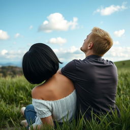 A woman with black bobbed hair seen from behind, gazing up at the sky, accompanied by a blond man who looks at both her and the sky, while his arm is casually wrapped around her back
