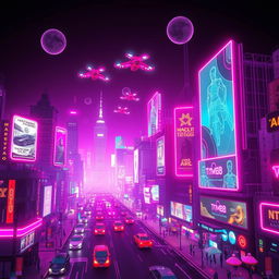 A vibrant neon-lit cityscape filled with futuristic flying cars soaring through the sky, intricately designed glowing billboards displaying advertisements in a captivating 80s retro-futuristic style