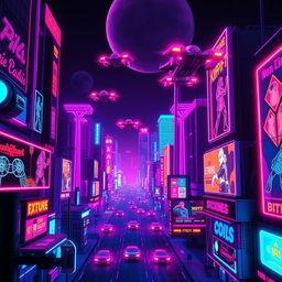 A vibrant neon-lit cityscape filled with futuristic flying cars soaring through the sky, intricately designed glowing billboards displaying advertisements in a captivating 80s retro-futuristic style