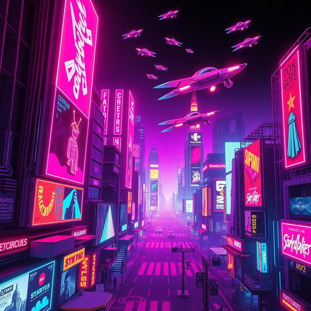 A vibrant neon-lit cityscape filled with futuristic flying cars soaring through the sky, intricately designed glowing billboards displaying advertisements in a captivating 80s retro-futuristic style