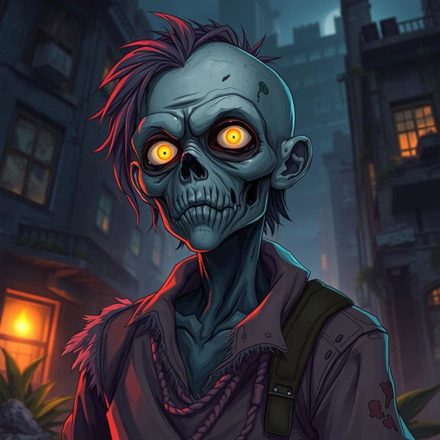 A highly detailed digital anime illustration of a zombie, human-like character