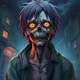 A highly detailed digital anime illustration of a zombie, human-like character