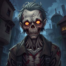 A highly detailed digital anime illustration of a zombie, human-like character