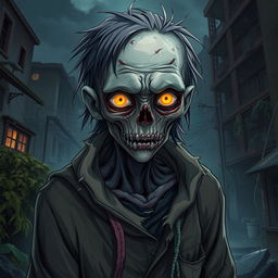 A highly detailed digital anime illustration of a zombie, human-like character