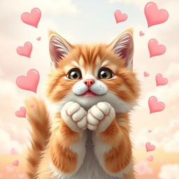 A charming cat blowing a kiss, with its cute paws raised to its face in a playful manner