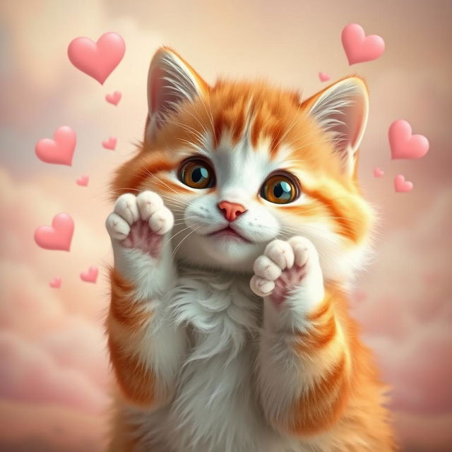 A charming cat blowing a kiss, with its cute paws raised to its face in a playful manner