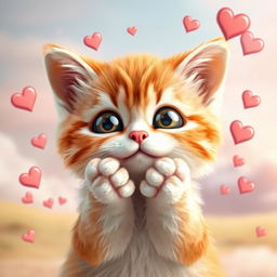 A charming cat blowing a kiss, with its cute paws raised to its face in a playful manner