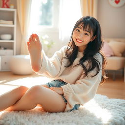 A Korean girl sitting comfortably on a plush rug, playfully presenting her feet towards the viewer with a cute and cheerful expression
