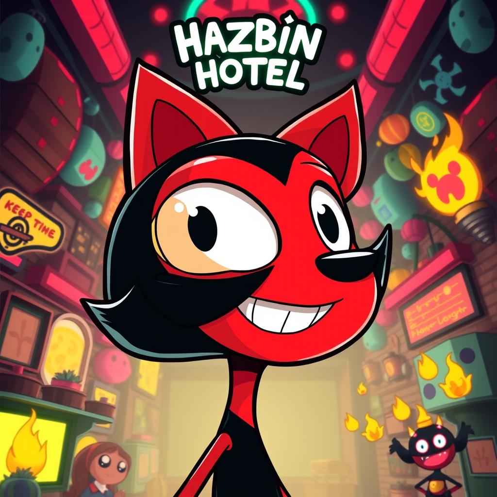 A vibrant and stylized character profile inspired by the unique aesthetic of Hazbin Hotel