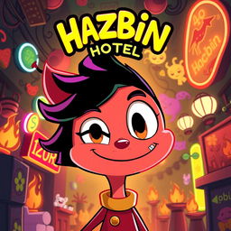 A vibrant and stylized character profile inspired by the unique aesthetic of Hazbin Hotel