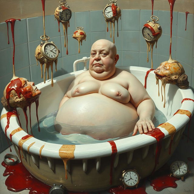 A surrealist scene depicting a very fat bald woman in a bathtub, surrounded by chopped-up body parts