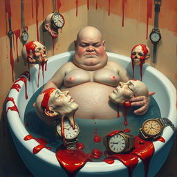 A surrealist scene depicting a very fat bald woman in a bathtub, surrounded by chopped-up body parts
