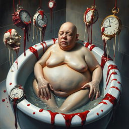 A surrealist scene depicting a very fat bald woman in a bathtub, surrounded by chopped-up body parts