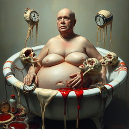 A surrealist scene depicting a very fat bald woman in a bathtub, surrounded by chopped-up body parts