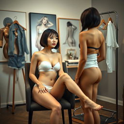 A photorealistic full-body shot of a slim Asian lady with a bobcut hairstyle and short bangs