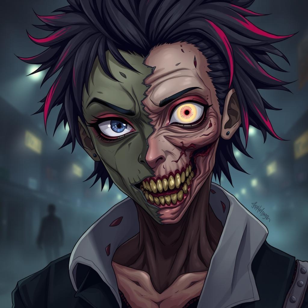 A striking anime zombie character featuring a face that is half zombie and half human