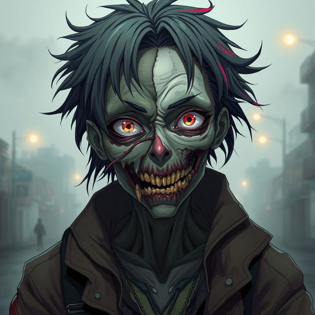 A striking anime zombie character featuring a face that is half zombie and half human