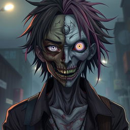 A striking anime zombie character featuring a face that is half zombie and half human