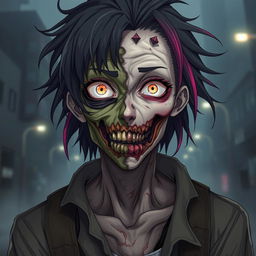 A striking anime zombie character featuring a face that is half zombie and half human
