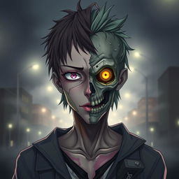 A striking anime zombie character featuring a face that is half zombie and half human