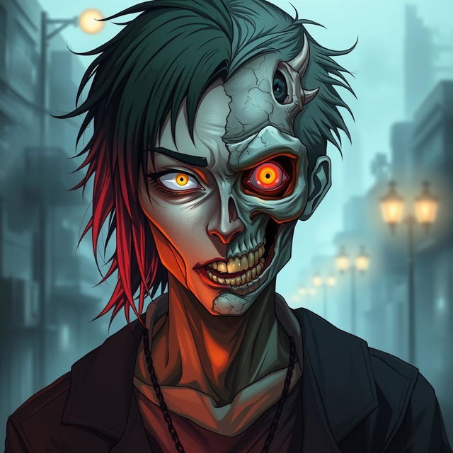 A striking anime zombie character featuring a face that is half zombie and half human