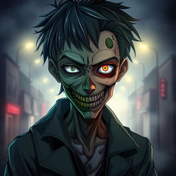 A striking anime zombie character featuring a face that is half zombie and half human