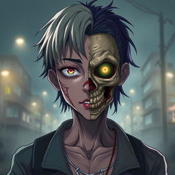 A striking anime zombie character featuring a face that is half zombie and half human