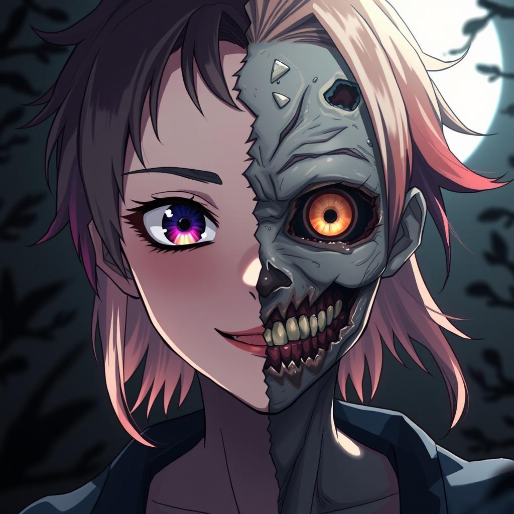 A captivating anime character with a face that is half zombie and half human