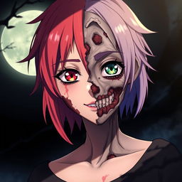 A captivating anime character with a face that is half zombie and half human
