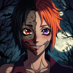 A captivating anime character with a face that is half zombie and half human