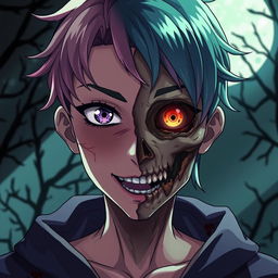 A captivating anime character with a face that is half zombie and half human