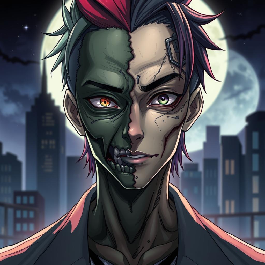 An intriguing anime man with a face that is half zombie and half human