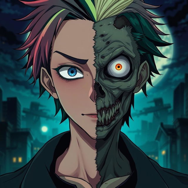 An intriguing anime man with a face that is half zombie and half human