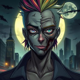 An intriguing anime man with a face that is half zombie and half human