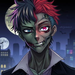 An intriguing anime man with a face that is half zombie and half human