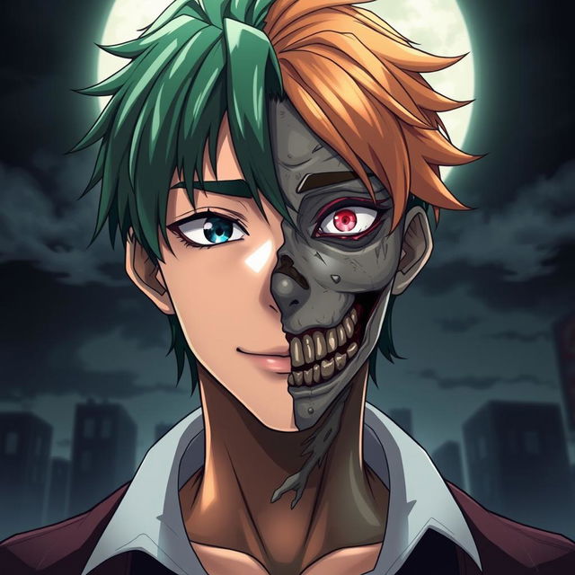 An anime man with a fascinating face that is half zombie and half human