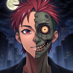 An anime man with a fascinating face that is half zombie and half human