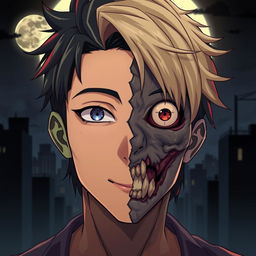 An anime man with a fascinating face that is half zombie and half human