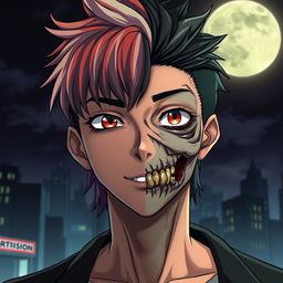 An anime man with a fascinating face that is half zombie and half human