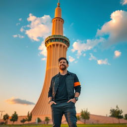 Lionel Messi standing proudly next to the Azadi Tower in Tehran, Iran, with a vibrant sunset sky in the background, showcasing the beautiful architecture of the tower
