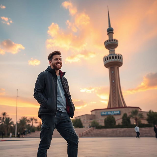 Lionel Messi standing proudly next to the Azadi Tower in Tehran, Iran, with a vibrant sunset sky in the background, showcasing the beautiful architecture of the tower