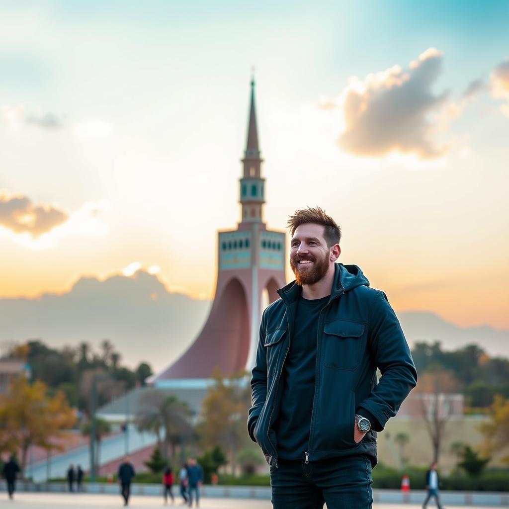 Lionel Messi standing proudly next to the Azadi Tower in Tehran, Iran, with a vibrant sunset sky in the background, showcasing the beautiful architecture of the tower